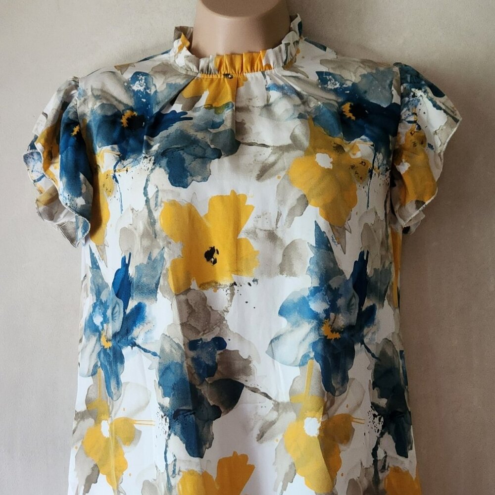 Beautiful floral dress sz 2X white yellow blue ruffle lightweight EUC